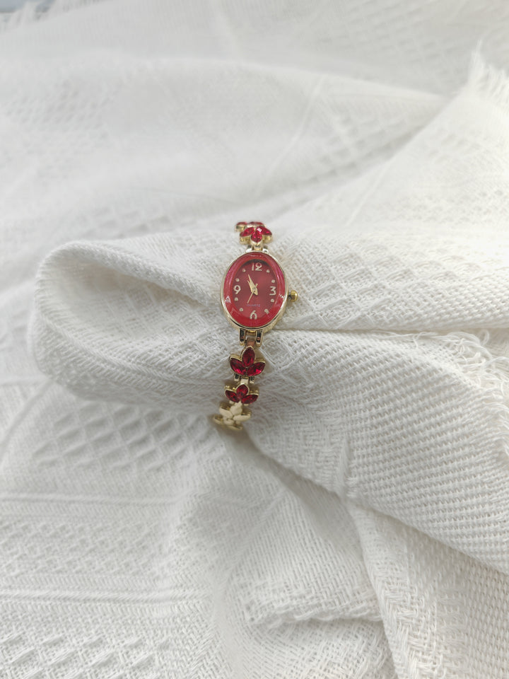 6.5‘’-7‘’ Red Floral Women's Gold Quartz Watch