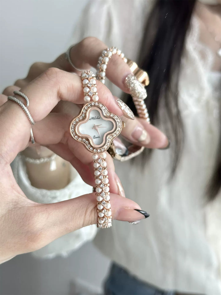 Clover-Shaped Women’s Watch with Pearl and Crystal Accents